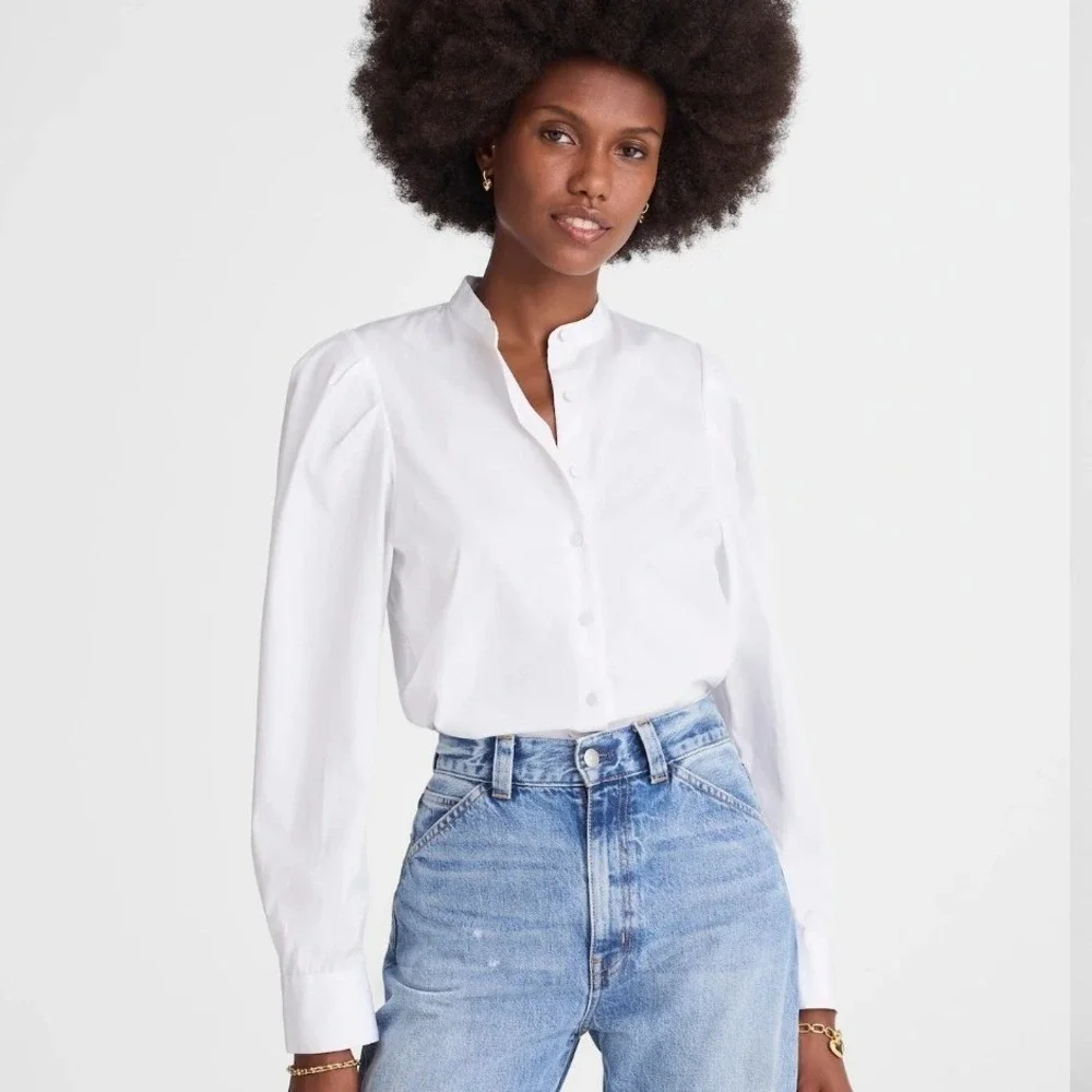 Madewell Puff Sleeve Button Down Band Collar Shirt White Cotton Poplin Blouse S - Picture 12 of 13